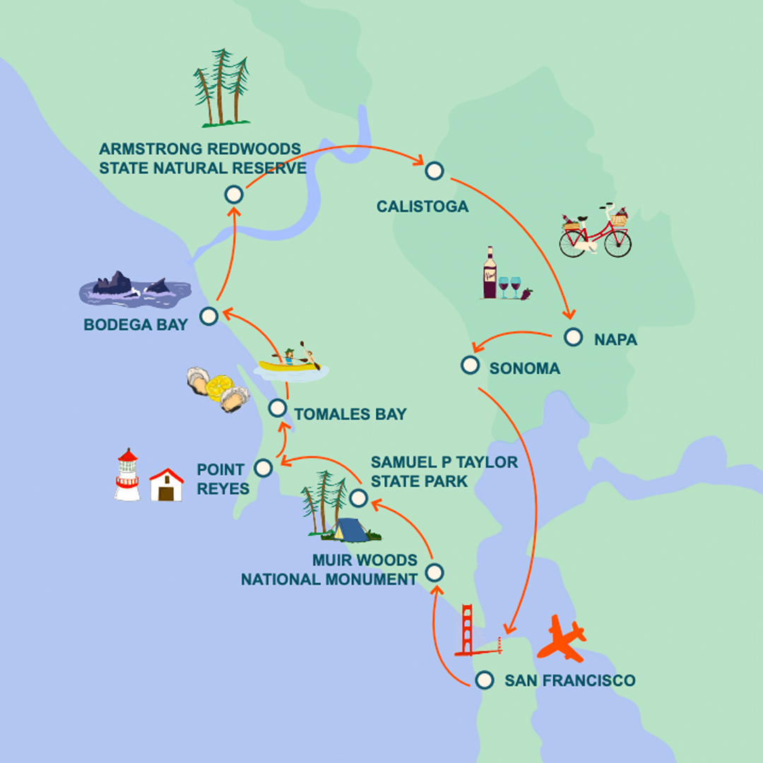 Moterra Map of California Campervan Road Trip from San Francisco, Including Napa and Sonoma