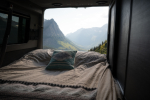 Mountain View from Bed of Moterra Sprinter Campervan Rental in Glacier National Park, Montana