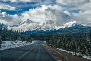 Snowy Mountain View from Icefields Parkway in Alberta, Canada