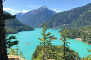 Blue Water of Diablo Lake Surrounded by Mountains in North Cascades National Park