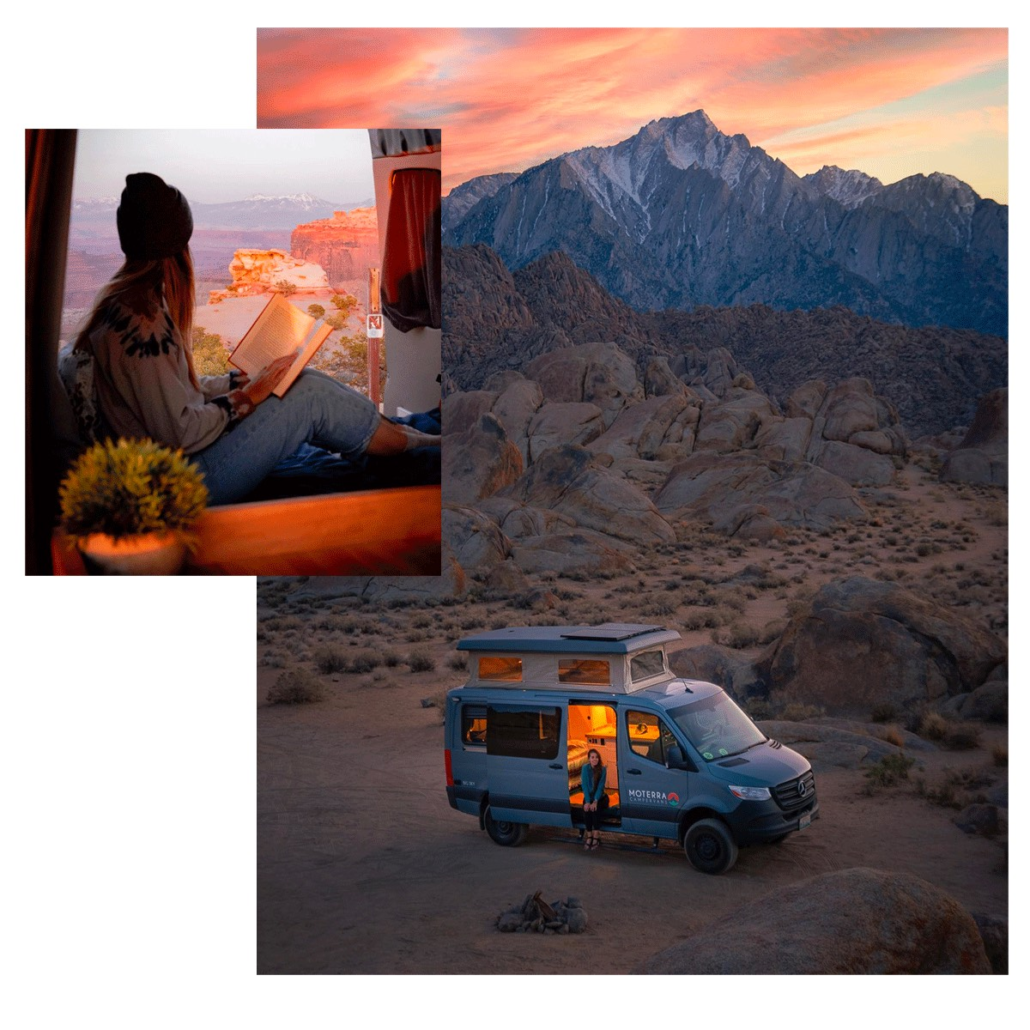 Woman Reading Book from a Moterra Luxury Sprinter Van Rental, and Aerial View of Woman Sitting in Campervan Rental on Road Trip in Desert