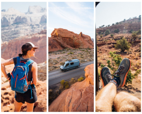 girl on hike in utah desert, van driving through Canyon