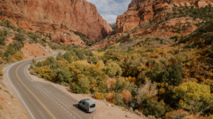 Winding road through utah canyon in fall