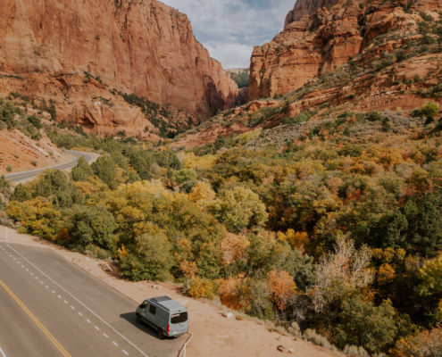 Winding road through utah canyon in fall