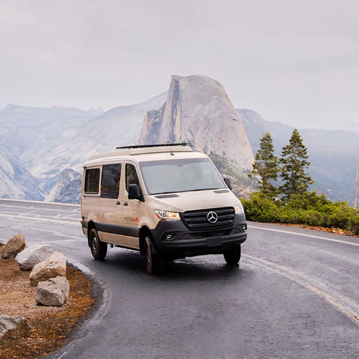 Moterra Yosemite Campervan Rental on Road with Half Dome in Background